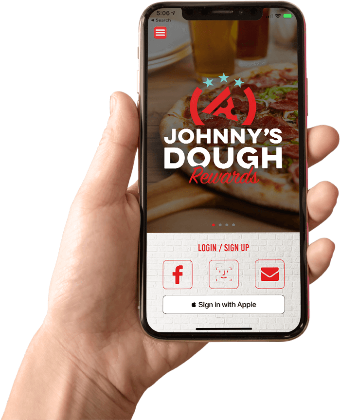 Hand holding an iPhone with Dough Rewards app open and on screen